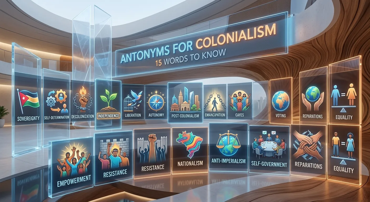 Antonyms for colonialism showing independence, sovereignty, self-determination, and decolonization