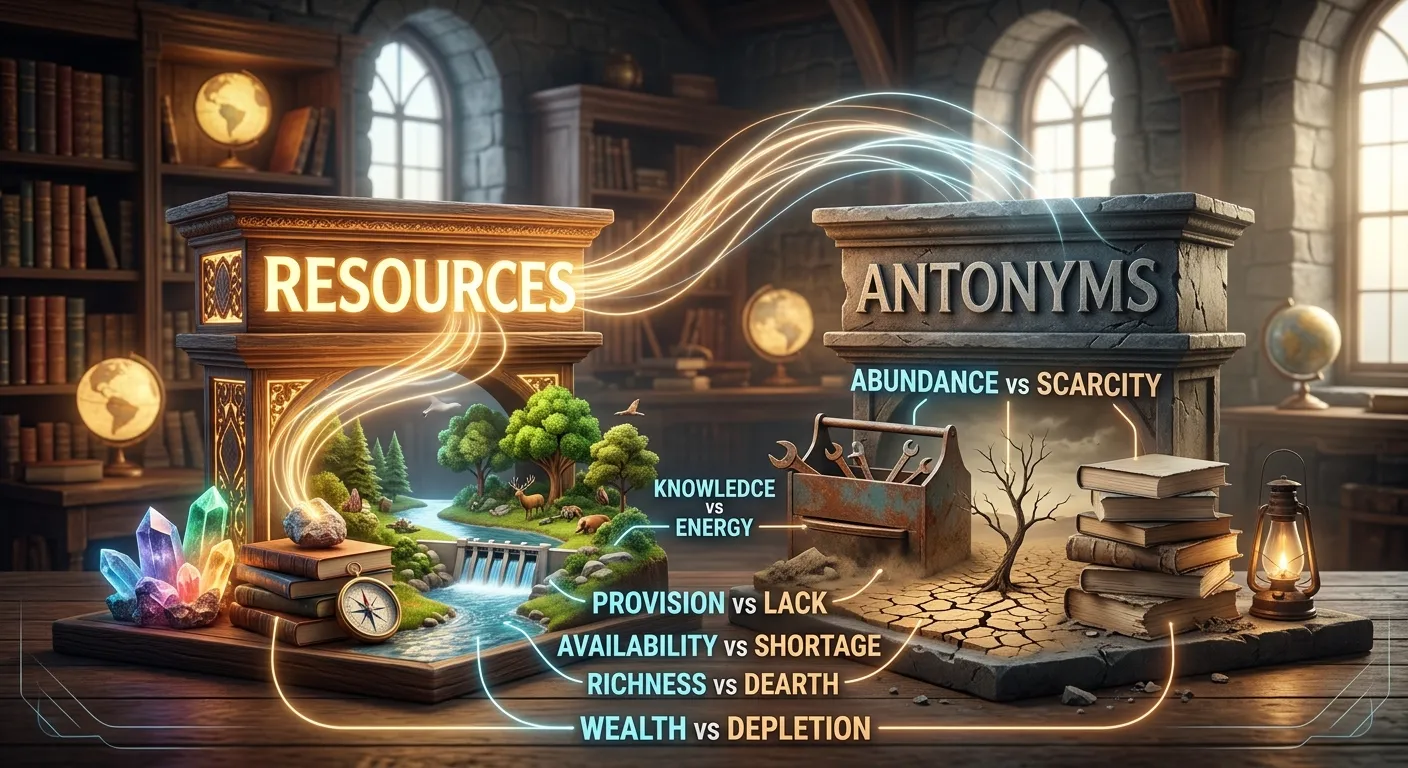Antonyms for resources showing lack, scarcity, shortage, and depletion