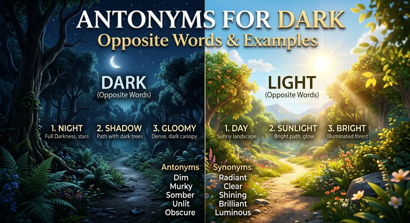 Educational graphic showing dark contrasted with light, bright, pale, cheerful, and clear