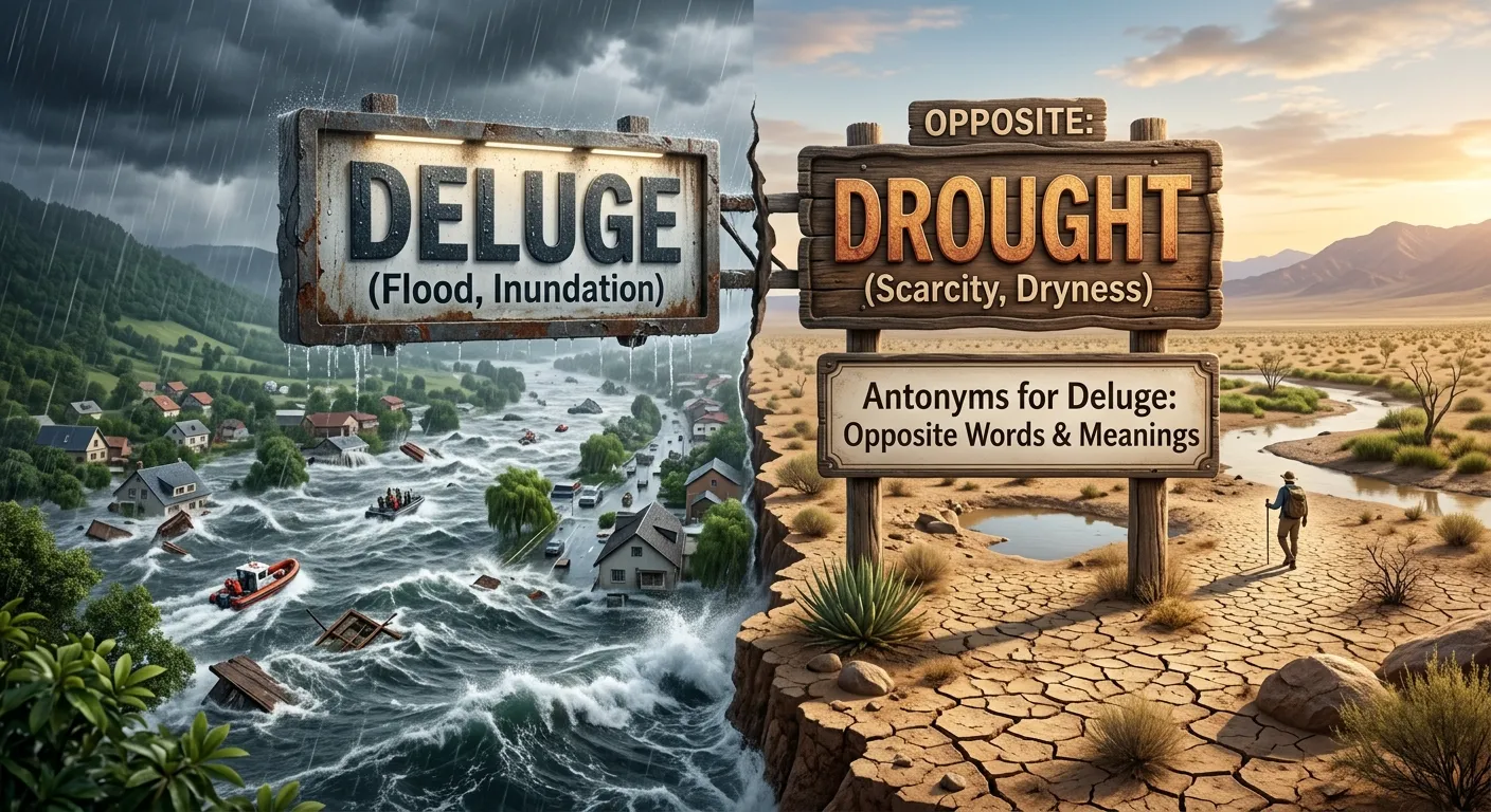 Educational comparison of deluge with drought, scarcity, shortage, and trickle