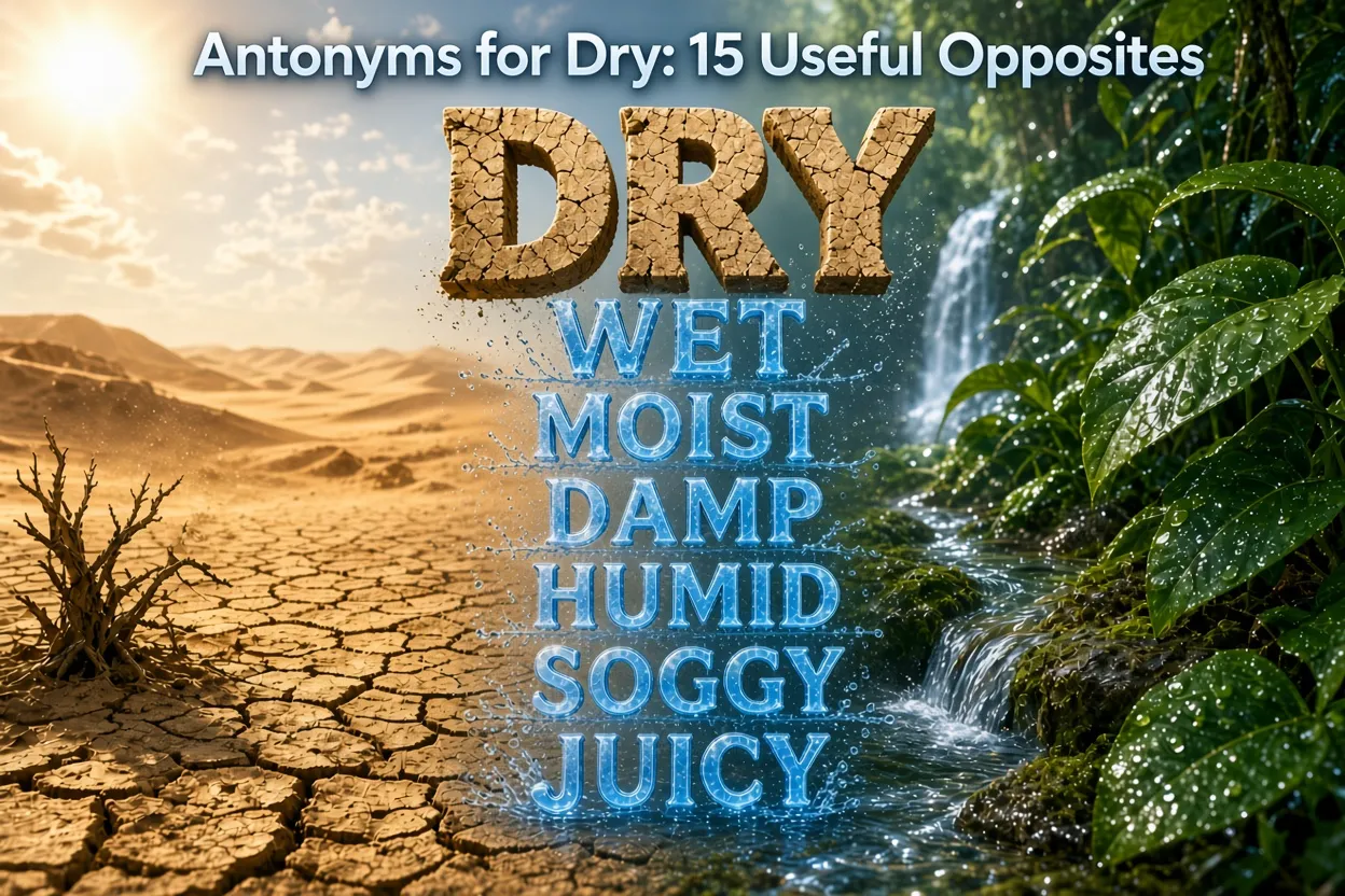 Antonyms for dry showing wet, moist, damp, and humid contrasts