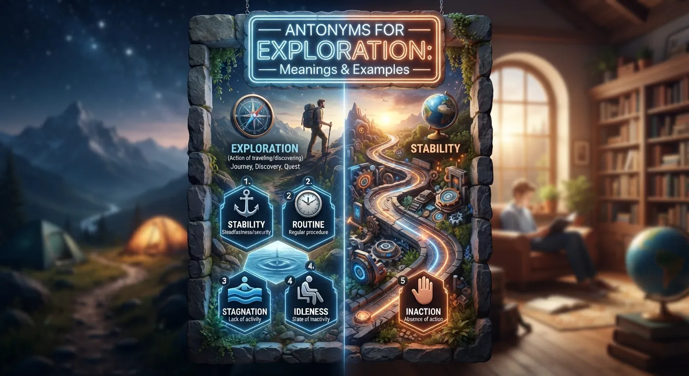 Antonyms for exploration showing discovery, exploitation, avoidance, and familiarity