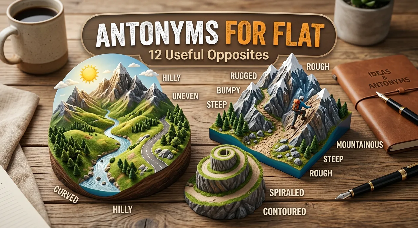 Antonyms for flat showing raised, uneven, inflated, lively, and sharp contrasts