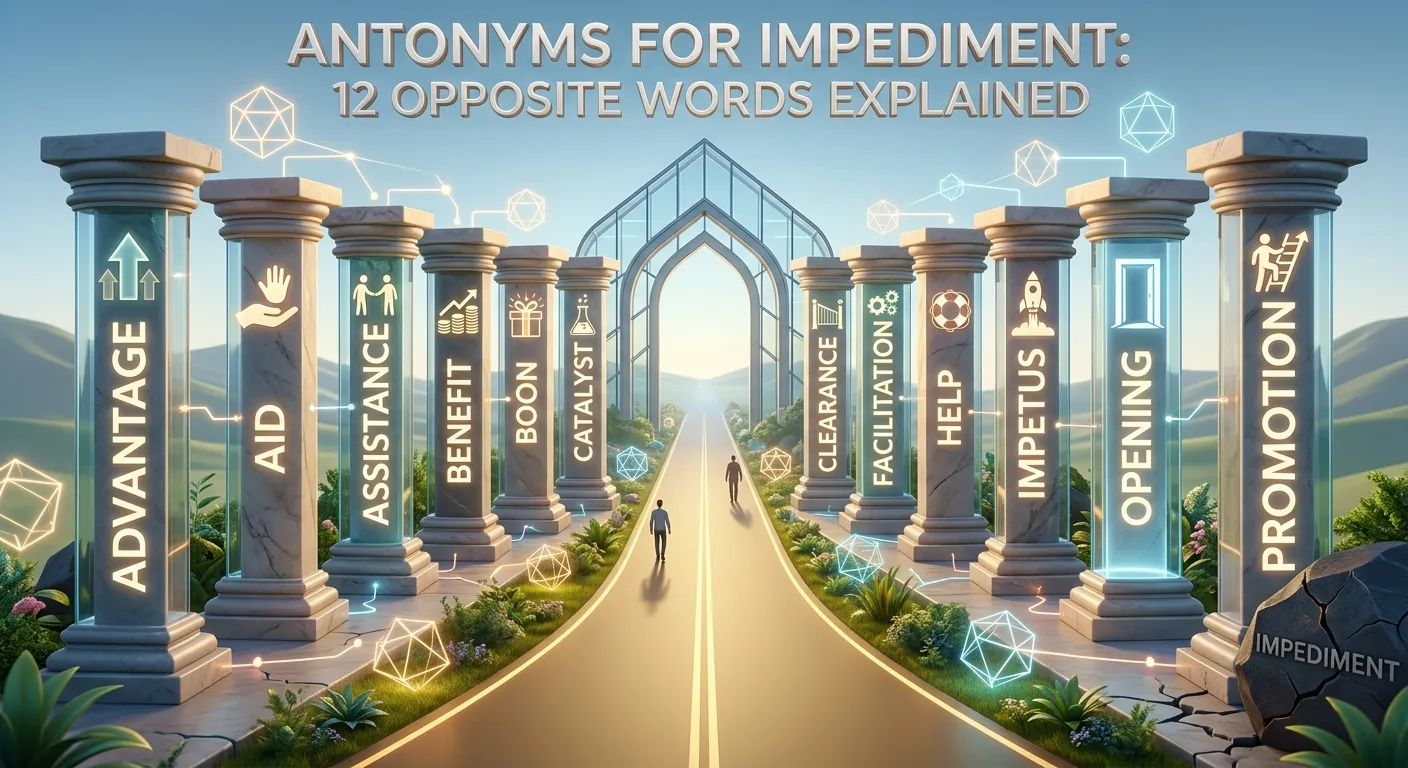 Impediment and its opposite words shown in an educational vocabulary comparison