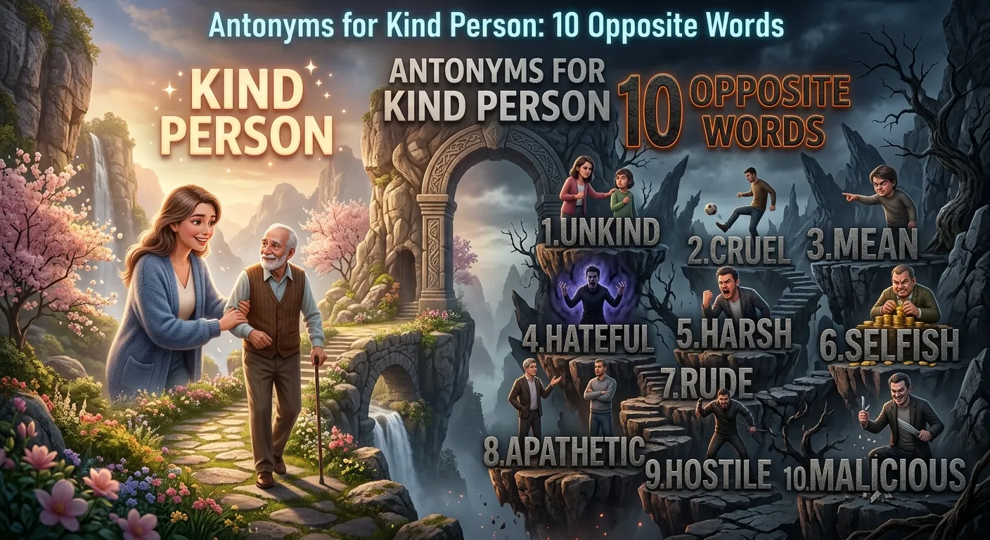 Educational comparison showing a kind person contrasted with unkind, mean, cruel, selfish, and callous behavior