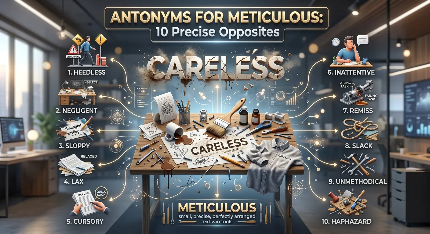 Antonyms for meticulous showing careful detailed work contrasted with careless and haphazard work