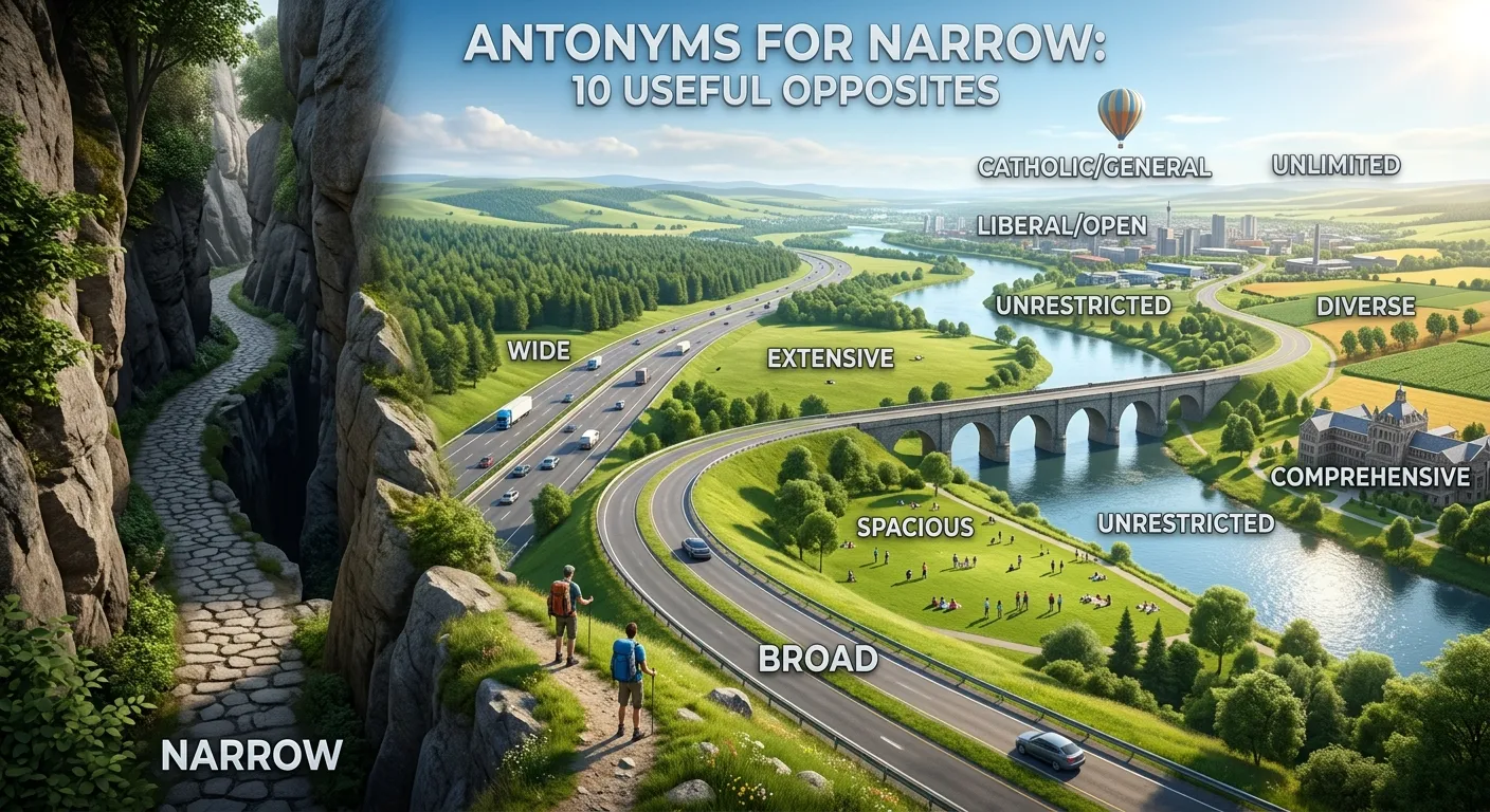 Narrow road compared with a wide road to illustrate antonyms for narrow