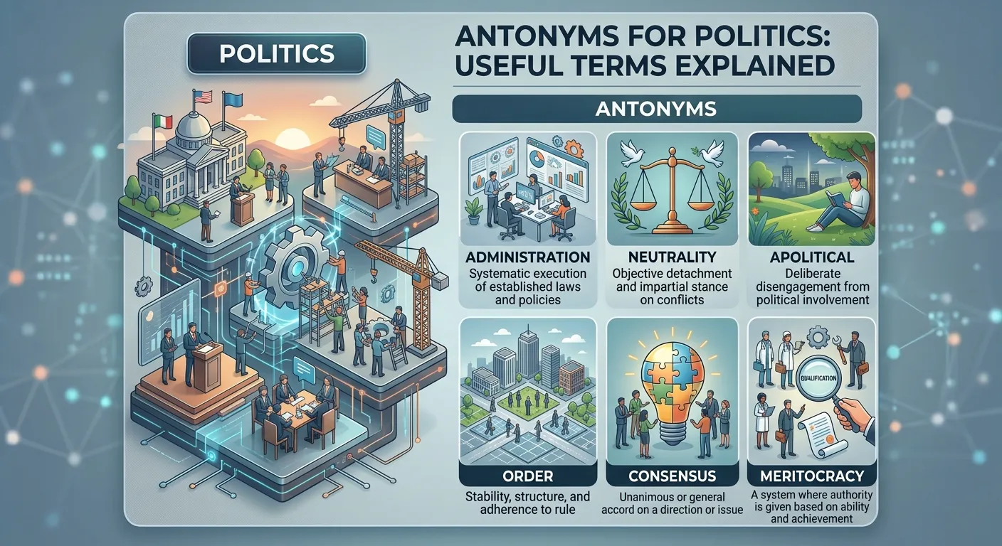 Apolitical and nonpolitical concepts contrasted with politics in an educational vocabulary graphic