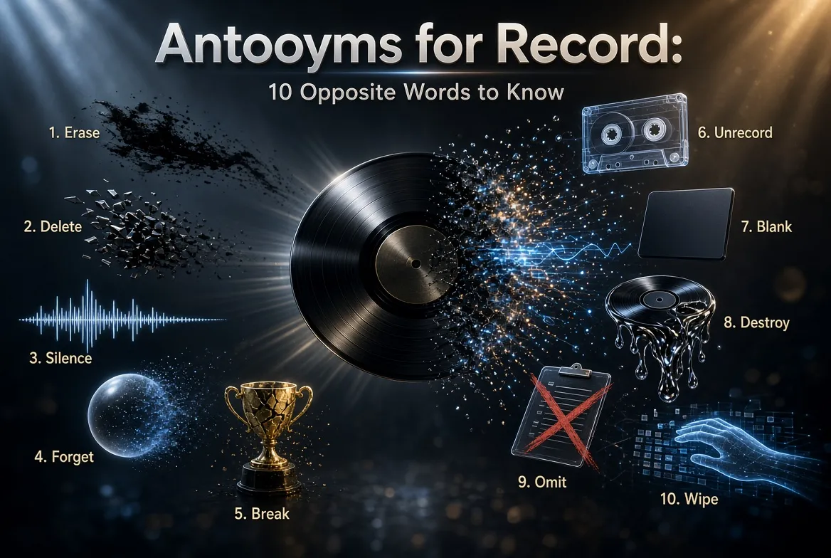 Educational comparison showing record and its contextual antonyms such as erase, delete, omit, and unrecorded