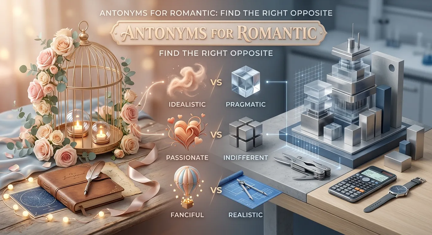 Educational illustration contrasting romantic, unromantic, platonic, and realistic ideas with clear vocabulary labels.