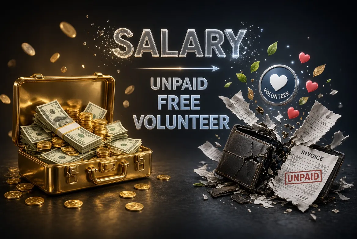 Educational graphic comparing salary with unpaid work, no income, volunteer work, and wages