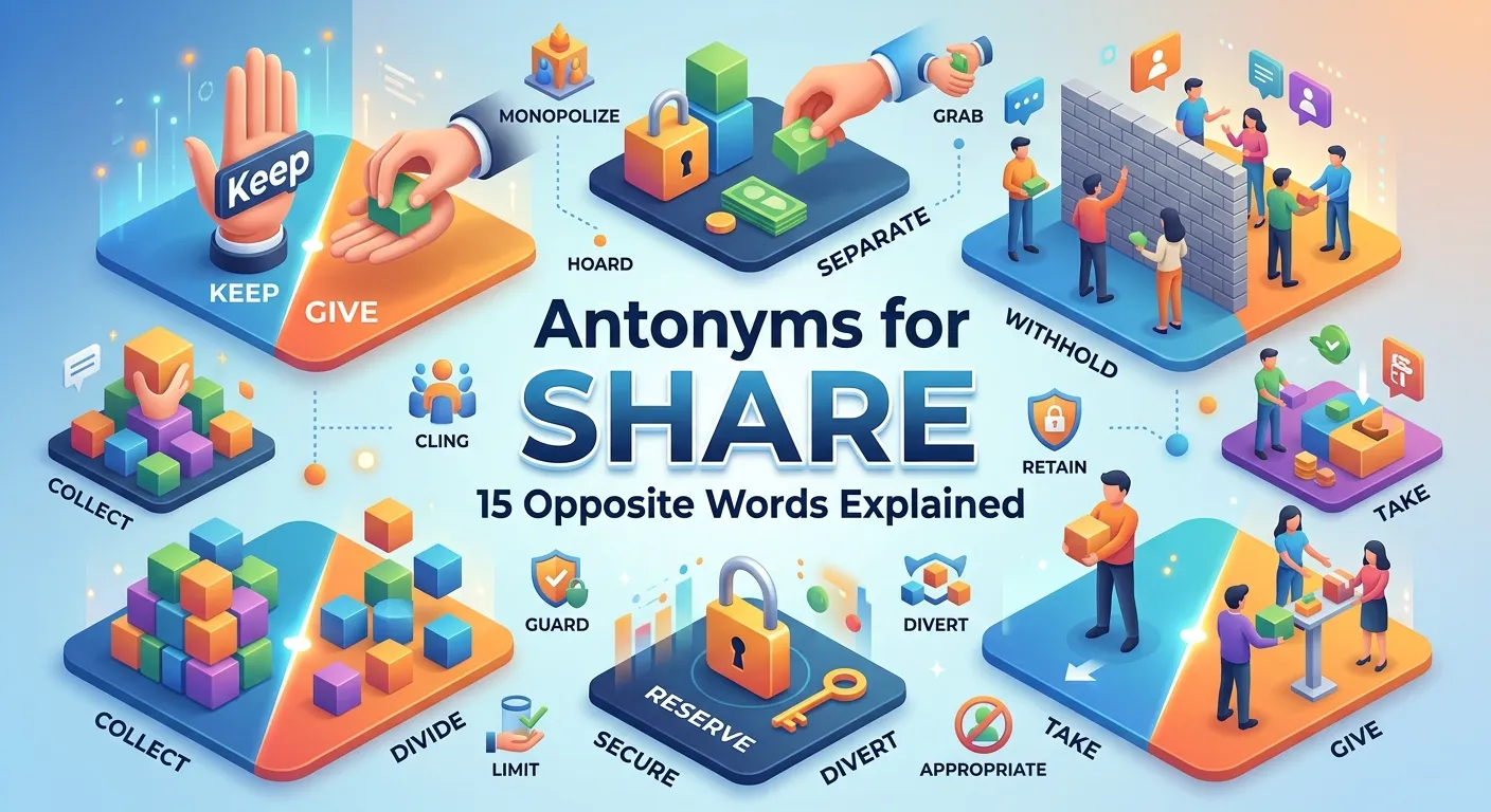 Share vs keep and other opposite words shown in a clear vocabulary comparison graphic
