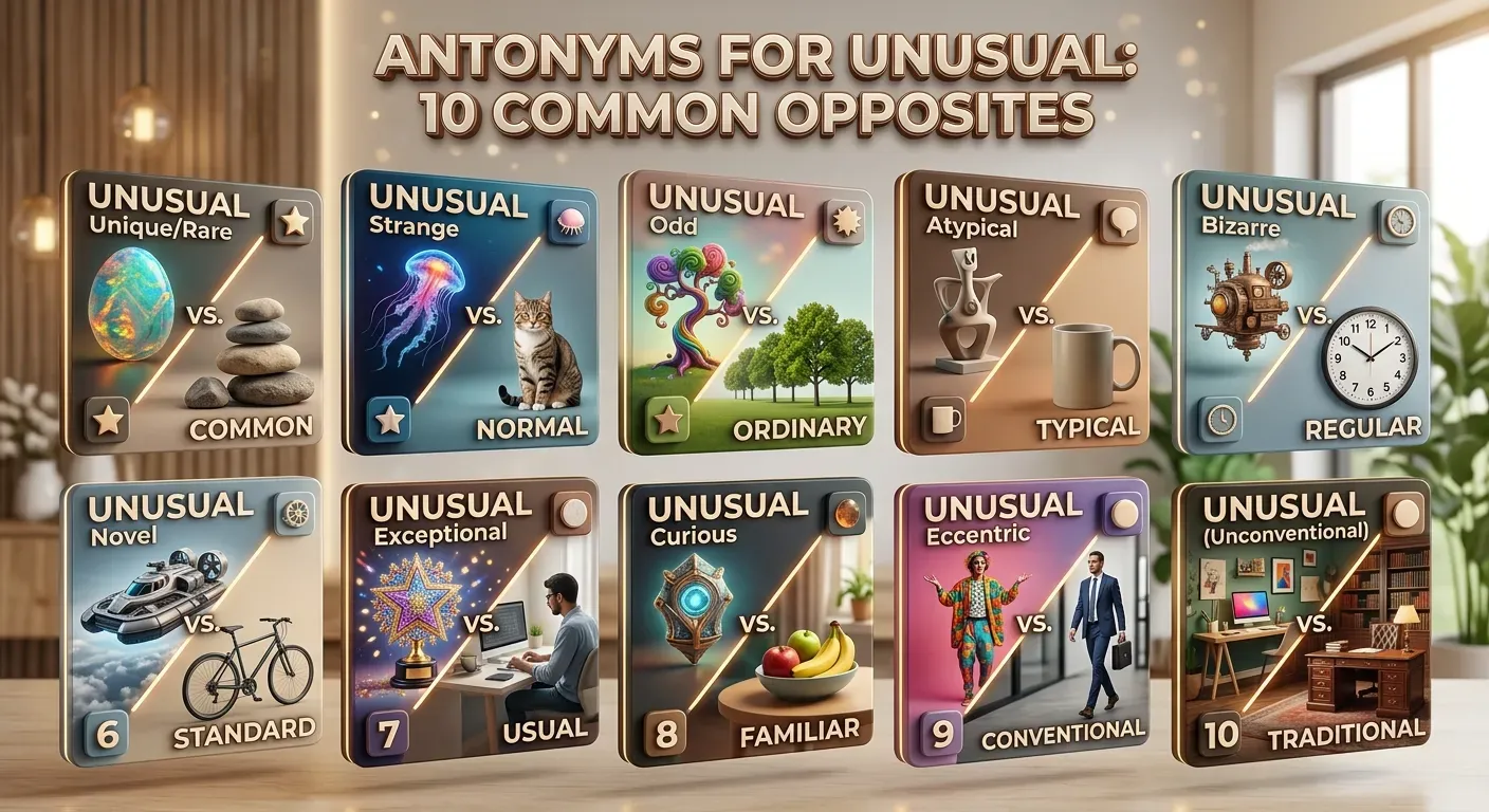 Educational comparison showing unusual contrasted with usual and other common opposites