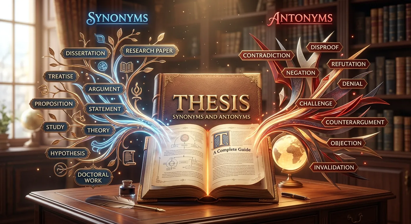 Educational comparison showing thesis, synonyms, and opposing terms such as antithesis and counterargument