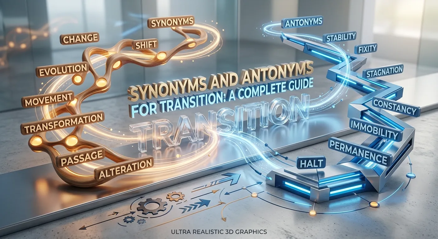 Educational diagram showing transition, its synonyms, and contextual antonyms